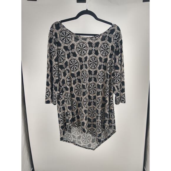 New Directions Curvy Blouse 2X Geometric 3/4 Sleeve Asymmetric Hem Black Tan - Picture 1 of 8